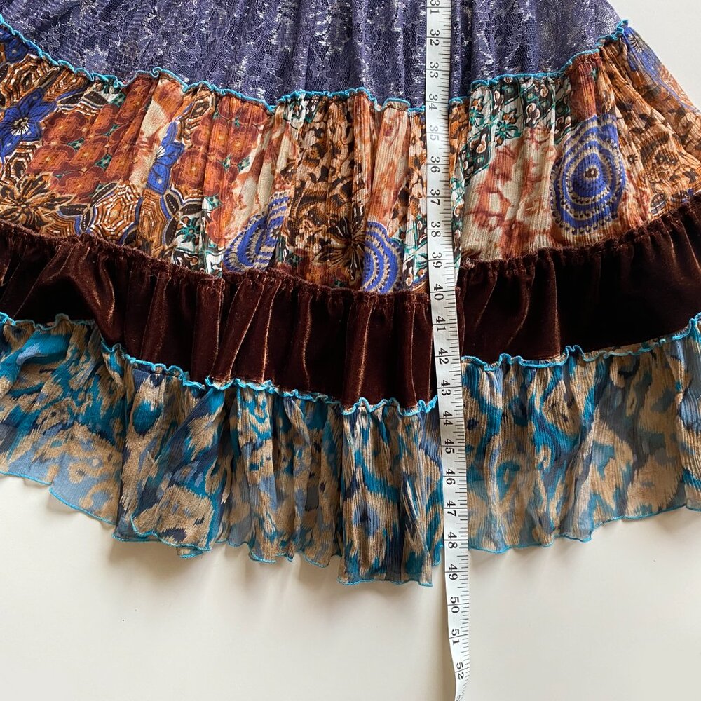Vintage Y2K Cache Boho Tiered Patchwork Maxi Dress Brown Silk Blend Size 6 - Picture 3 of 11